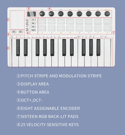 M-VAVE SMK-25 II MIDI Pad Controller Keyboard – 25 Key USB Mini, 16 RGB Drum Pads, 8 Knobs, Music Production Software Included
