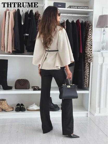 Elegant Autumn Solid Jacket for Women – Single-Breasted Batwing Sleeve, Loose Casual Coat for Office & Chic Look