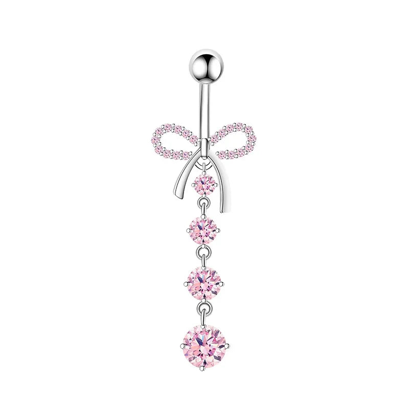 Pink Crown Belly Button Ring – Stainless Steel Heart Navel Piercing Barbell with Crystal for Women & Girls