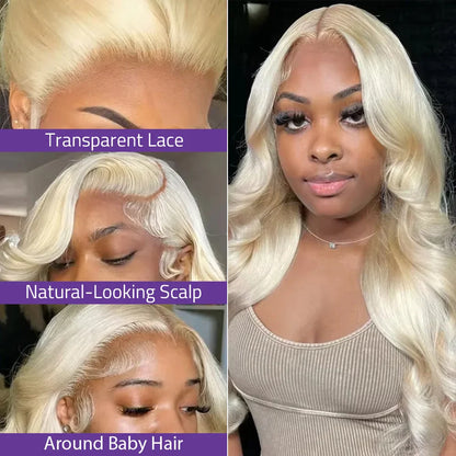613 Blonde Body Wave Human Hair Lace Frontal Wig 220% Density – HD Transparent 13x4/13x6 Pre-Plucked Brazilian Lace Front Wig for Women