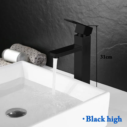 Matte Black Basin Sink Faucet - Deck Mounted Hot & Cold Water Mixer Tap for Bathroom Lavatory Sink (Hose Not Included)