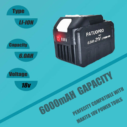 18V/21V Rechargeable Lithium Battery – 2.0Ah, 4.0Ah, 6.0Ah for Makita Cordless Wrench, Hammer Drill, Grinder & Tools