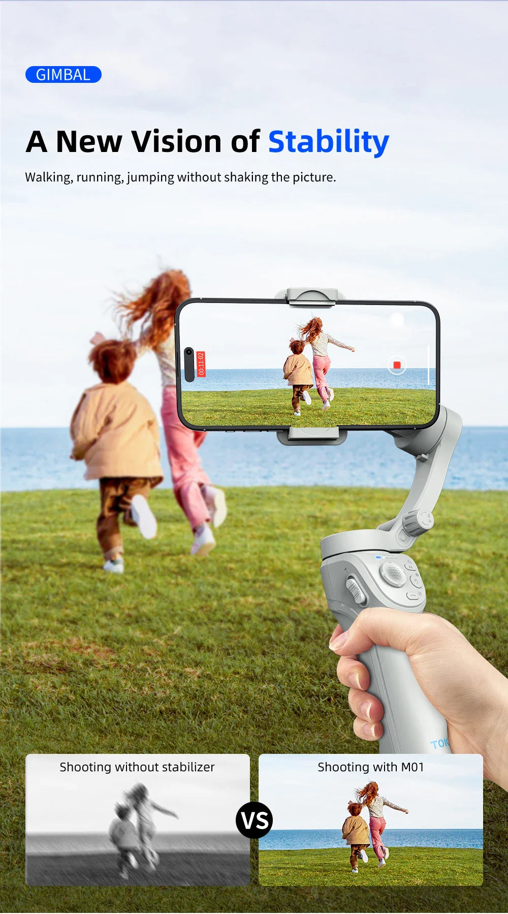 TOKQI M01 3-Axis Handheld Gimbal Stabilizer – Anti-Shake Foldable Holder, Selfie Tripod with Fill Light for iPhone & Smartphones