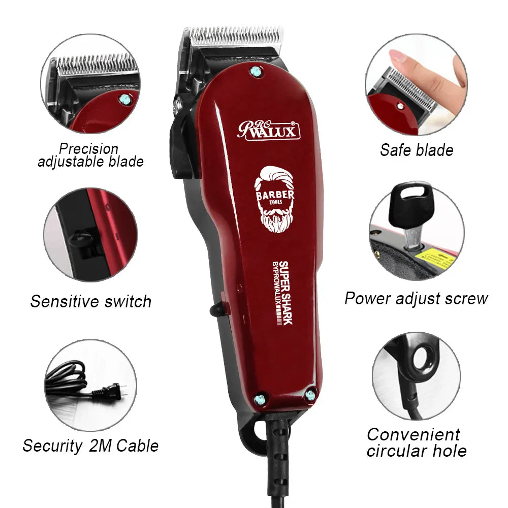 WALUX Professional AC220-240V Hair Clipper – 10W Powerful Hair Trimmer with 2M Cable & 8 Guard Combs for Home Use