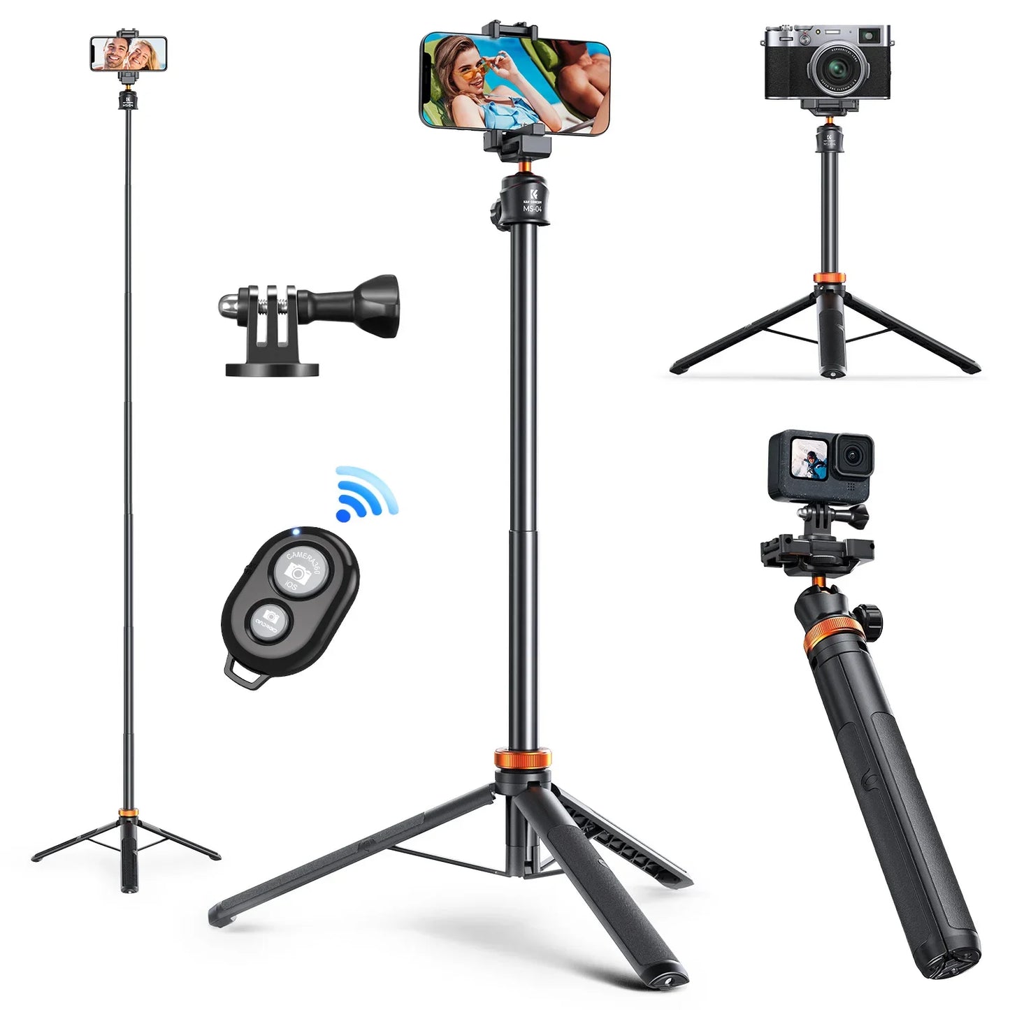 K&F Concept MS08 62'' Phone Tripod – 1.58m Selfie Stick with Bluetooth Remote & GoPro Adapter (Black & Orange)