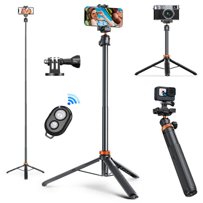 K&F Concept MS08 62'' Phone Tripod – 1.58m Selfie Stick with Bluetooth Remote & GoPro Adapter (Black & Orange)