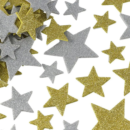 200Pcs Glitter Star Foam Stickers Set – Self-Adhesive 4 Sizes (2.5–5.5cm) Silver & Gold Sparkle Stars for DIY Crafts & Decoration