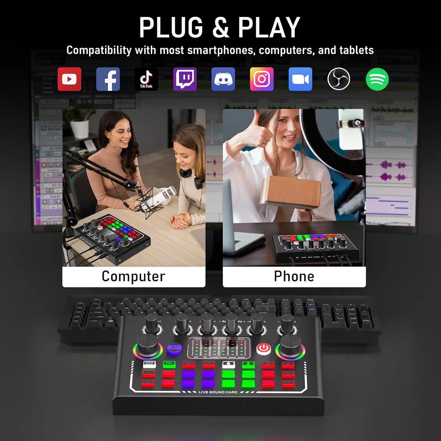 F009 Live Sound Card Broadcast Kit - Bluetooth DJ Audio Mixer with Microphone Set for Smartphone Live Streaming & Recording