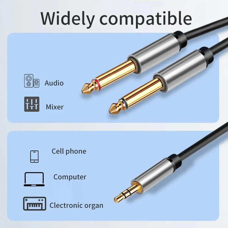 3.5mm to Dual 6.5mm TRS Audio Cable – AUX Adapter for Mixer, Amplifier & Speaker (6.35mm Jack)