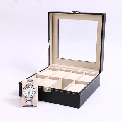 DELESYS PU Leather Watch Box – 2/3/4/5/6/8/10/12 Slot Storage Case with Lock, Traditional Style Gift Box