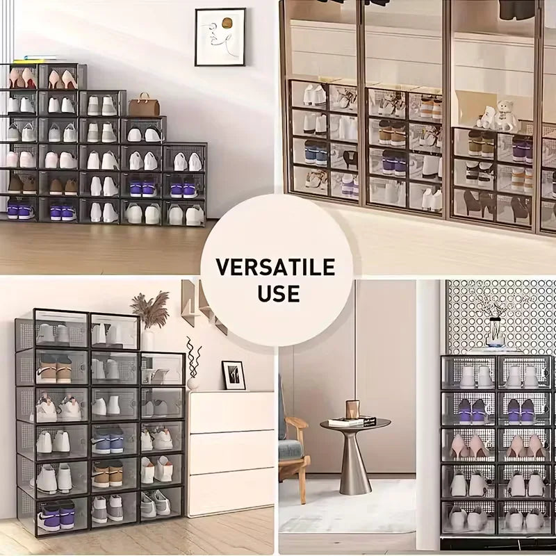 6/12/24PCS Transparent Shoe Boxes – Foldable, Stackable Plastic Shoe Storage Rack with Thick Tape Cover, Space-Saving Organizer