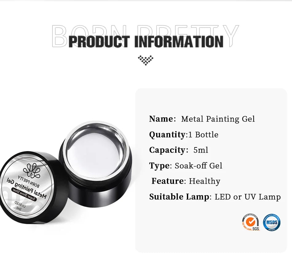 BORN PRETTY 5ML Super Silver Metallic Gel Nail Polish - Mirror Chrome Effect, Semi-Permanent Metal Painting Gel for DIY Nails