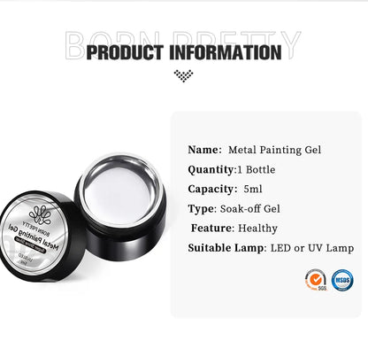 BORN PRETTY 5ML Super Silver Metallic Gel Nail Polish - Mirror Chrome Effect, Semi-Permanent Metal Painting Gel for DIY Nails