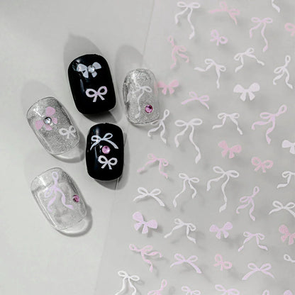 5D Pink & White Bowknot Nail Stickers – Self-Adhesive Kawaii Ribbon Nail Art Decals for DIY Manicure & Nail Decoration