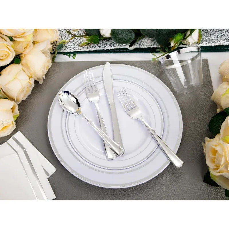 700PCS Gold Plastic Dinnerware Set – White & Gold Plates with 100 Napkins, Serves 100 Guests, Disposable Wedding Party Set