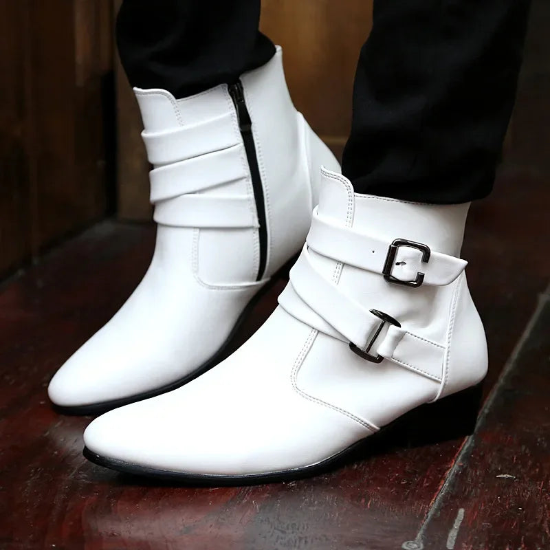 Men’s Designer British Chelsea Boots – High-Top Buckle Strap Motorcycle & Formal Shoes