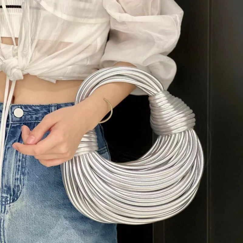 New Gold Luxury Designer Handbags for Women - Handwoven Noodle Bags with Rope Knotted Pulled Hobo, Silver Evening Clutch Chic