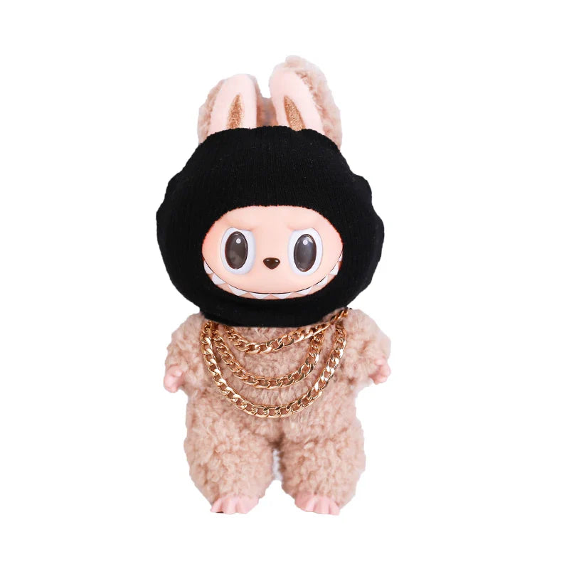 Labubu Doll Accessories – Trendy Black Knit Hat & Necklace Set, Cute and Funny Street Fashion Style