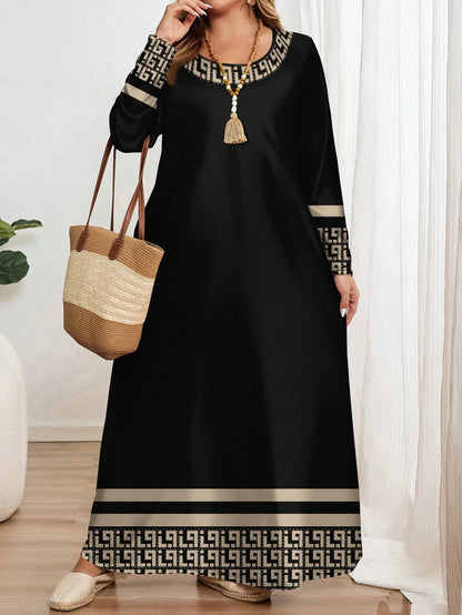 Plus-Size Women’s Ethnic Geometric Print Dress – Long Sleeve Round Neck Fashionable Maxi Dress