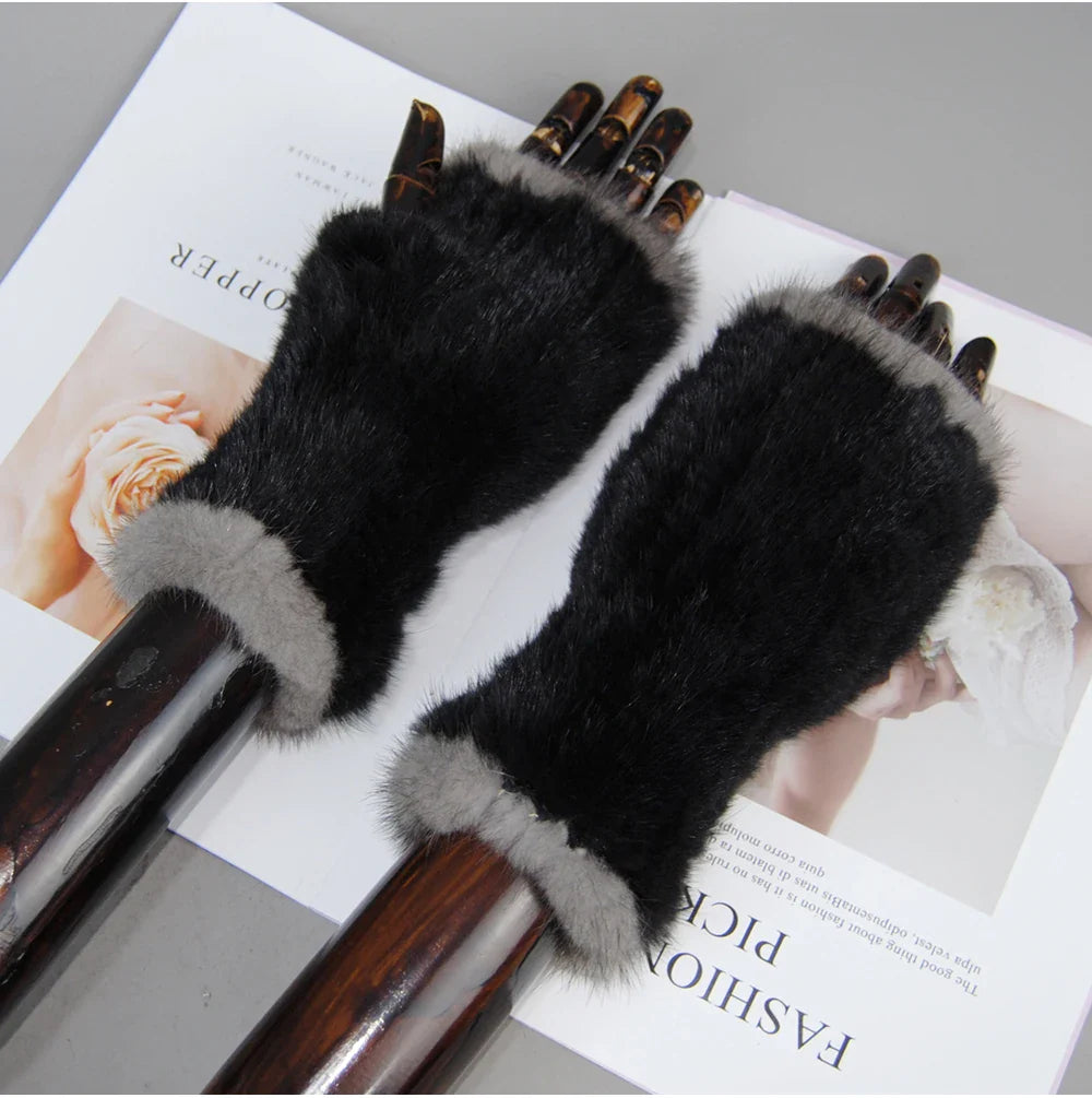 Women’s Winter Mink Fur Gloves – 100% Natural Fingerless Knitted Mittens for Warmth