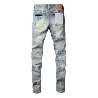 2025 Men’s High Street Ripped Skinny Jeans — Low Rise Blue Distressed Denim Fashion Repair Trousers 9003