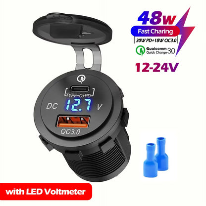 48W Quick Charge 3.0 Waterproof USB Car Charger 12V/24V PD Type-C + QC3.0 Dual USB Fast Charging Socket with LED Voltmeter for Cars, Trucks & Boats
