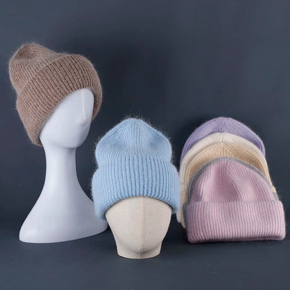 2024 Rabbit Fur Beanie – Soft Fluffy Winter Hat for Women, Angora Knitted Skullies, Warm Bonnet Knit Cap