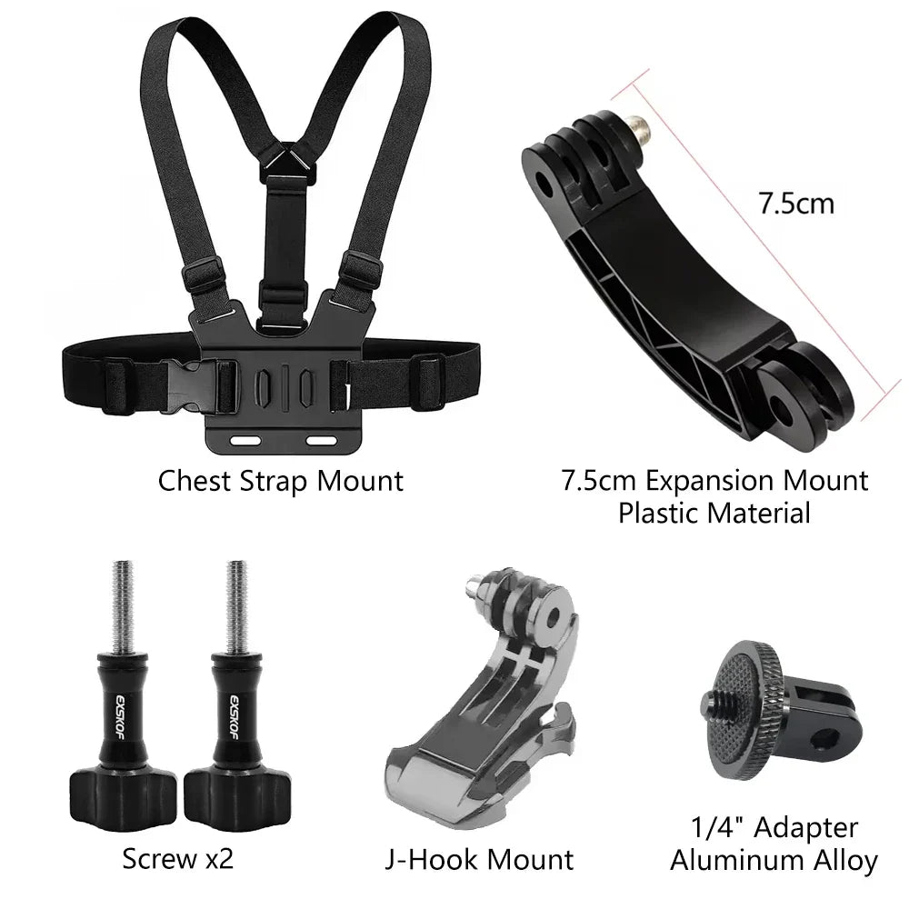 Action Camera Accessories Kit - Adjustable Head Strap & Chest Mount Holder for GoPro, DJI, Insta360 & More