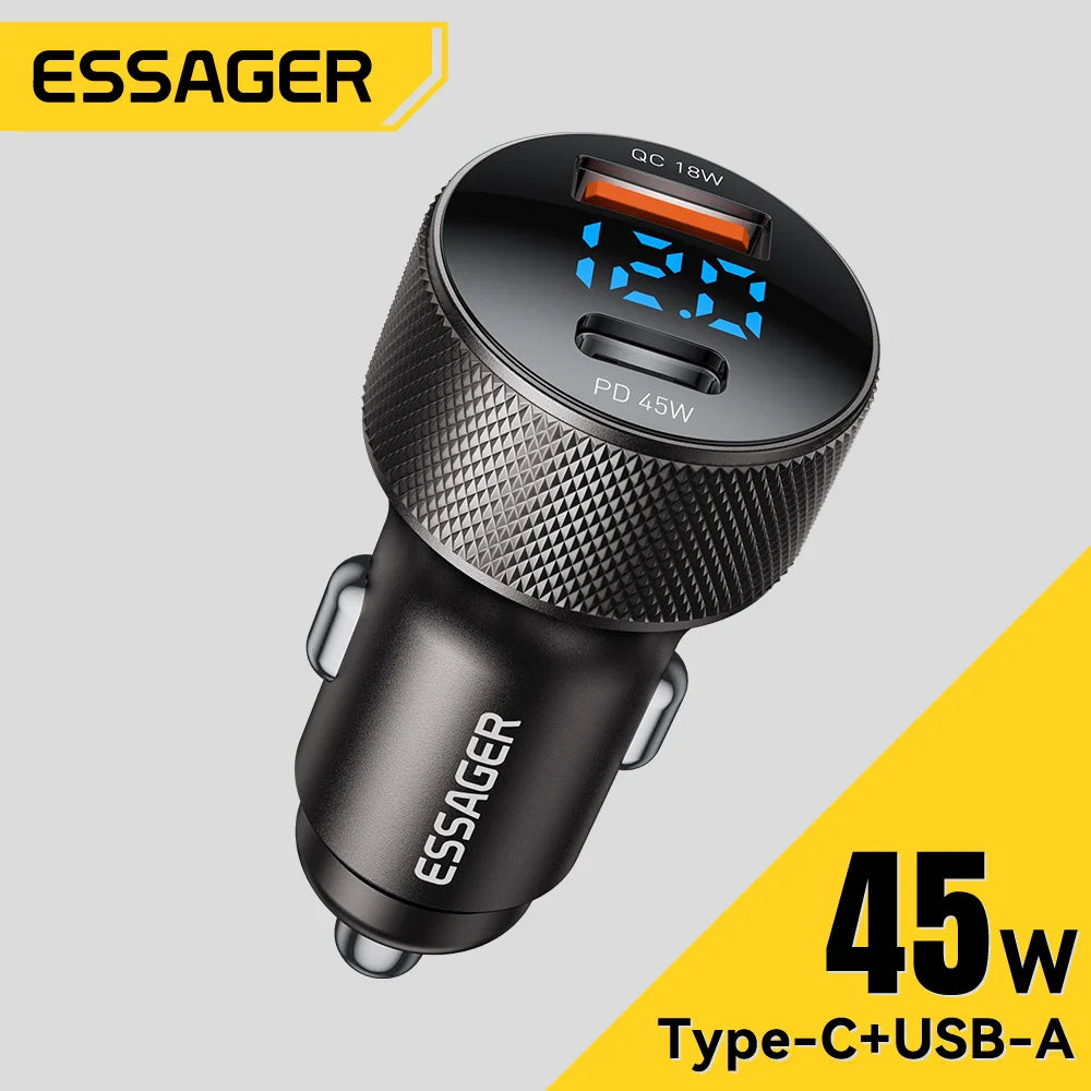 Essager 45W USB-C Car Charger – Dual Port PD 3.0 & QC 3.0 Fast Charging Adapter with Digital Display for iPhone 16/15, Samsung, Xiaomi, Huawei & OPPO Devices