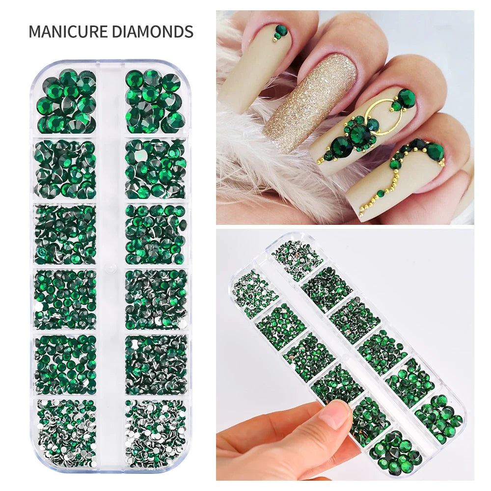 12-Grid 3D Glass AB Crystal Nail Art Rhinestones Kit – Flatback Round Beads with Tools for Nail Jewelry & Diamond Decoration