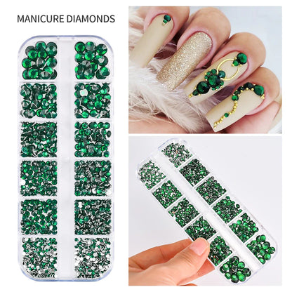 12-Grid 3D Glass AB Crystal Nail Art Rhinestones Kit – Flatback Round Beads with Tools for Nail Jewelry & Diamond Decoration