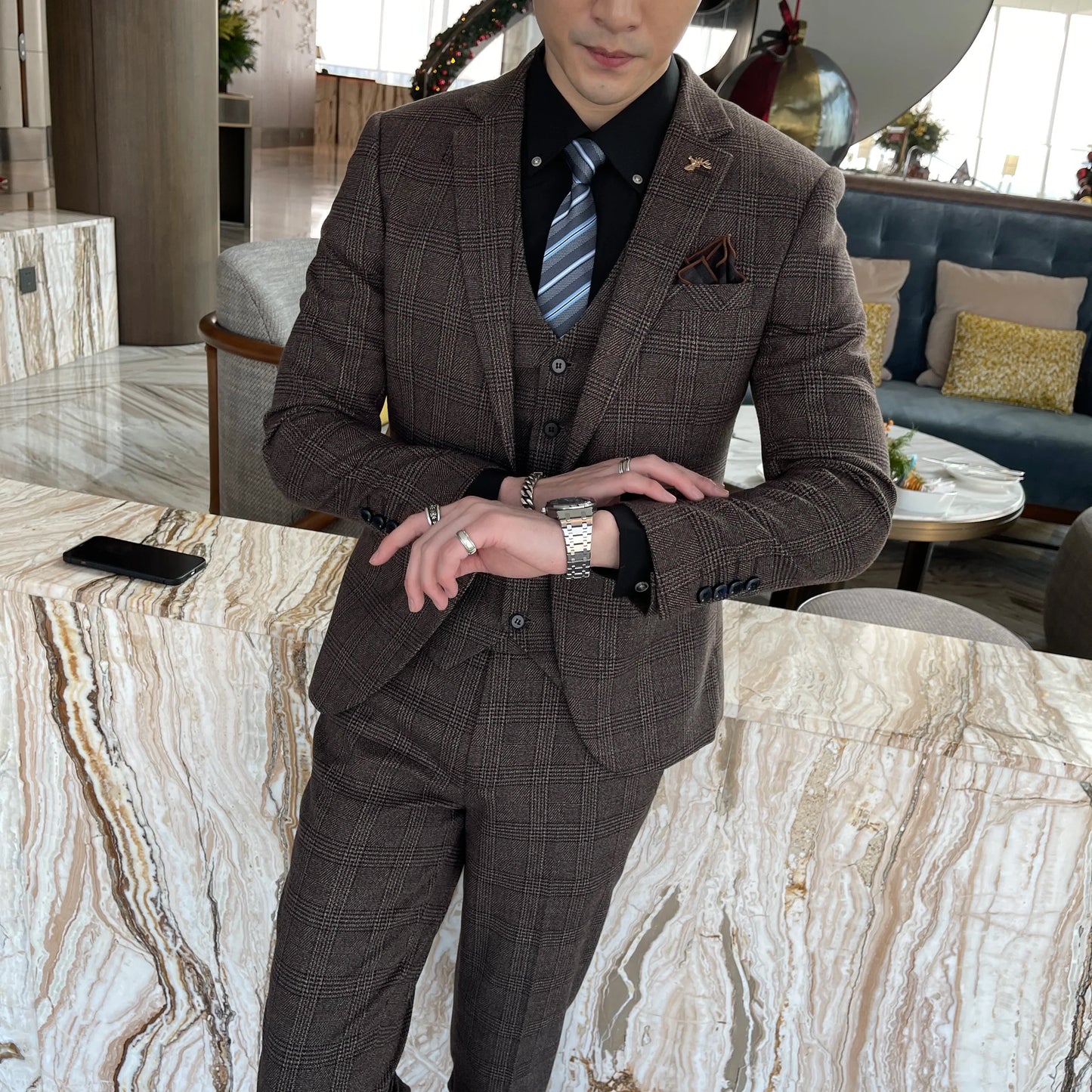 Men’s British Korean Plaid Three-Piece Suit – Stylish Business Casual Set with Blazer, Vest & Trousers