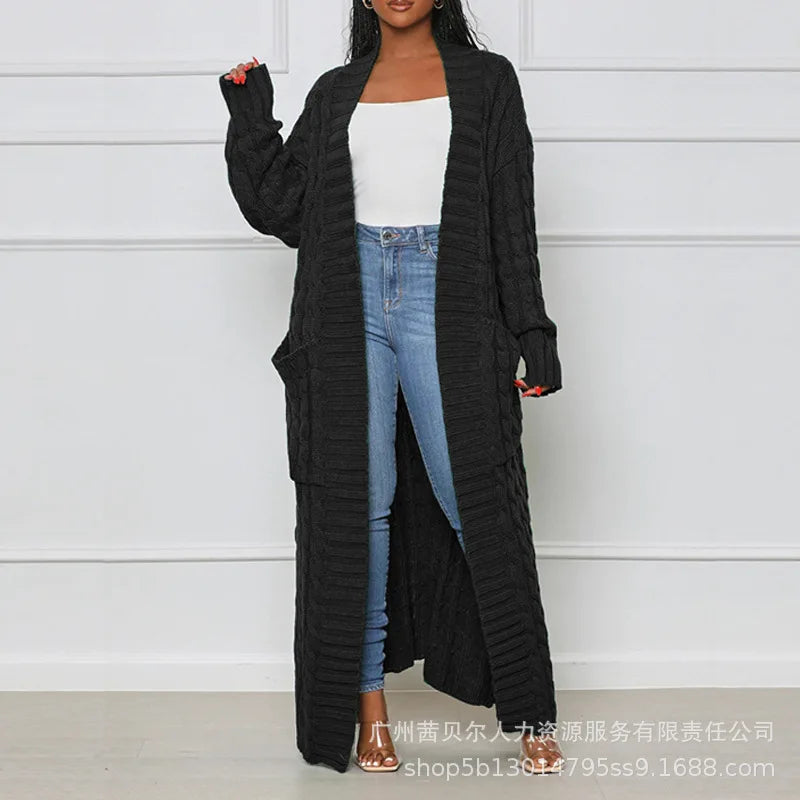 Open Front Cable Knit Longline Cardigan for Women – Long Sleeve, Loose Fit, Casual Fashion Knitwear, Solid Color