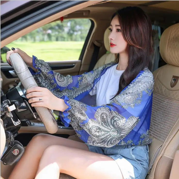 Women’s Summer Sun Protection Chiffon Shawl – Floral Print Beach Scarf Arm Sleeves UV Protection for Outdoor Cycling & Driving Accessories