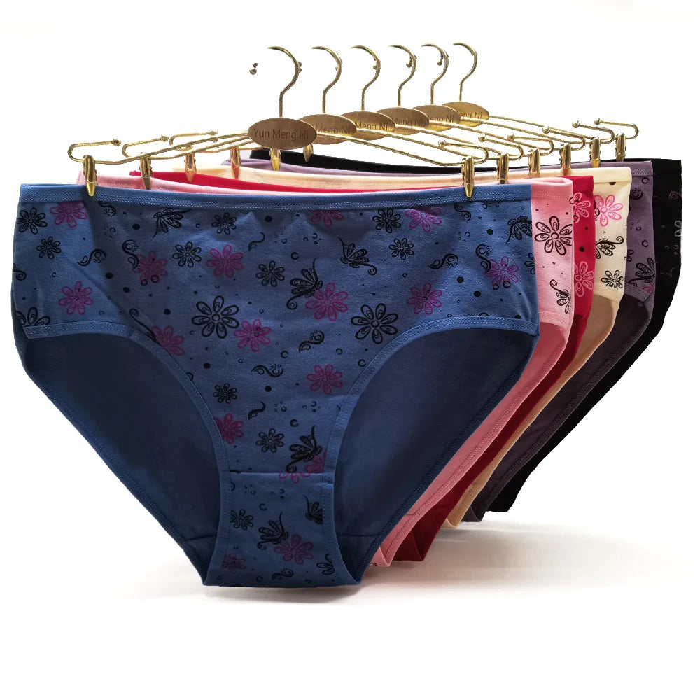 Women’s Cotton Briefs Set - Sexy Print Mid-Rise Plus Size Panties 2XL-4XL Soft Breathable Underwear 6Pcs