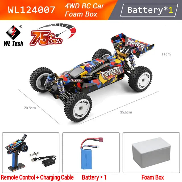 New WLtoys 124007 1/12 Brushless RC Car — 4WD 75KM/H Off-Road Drift with 2.4G One-Hand Remote, Racing Toy for Kids & Boys Gift