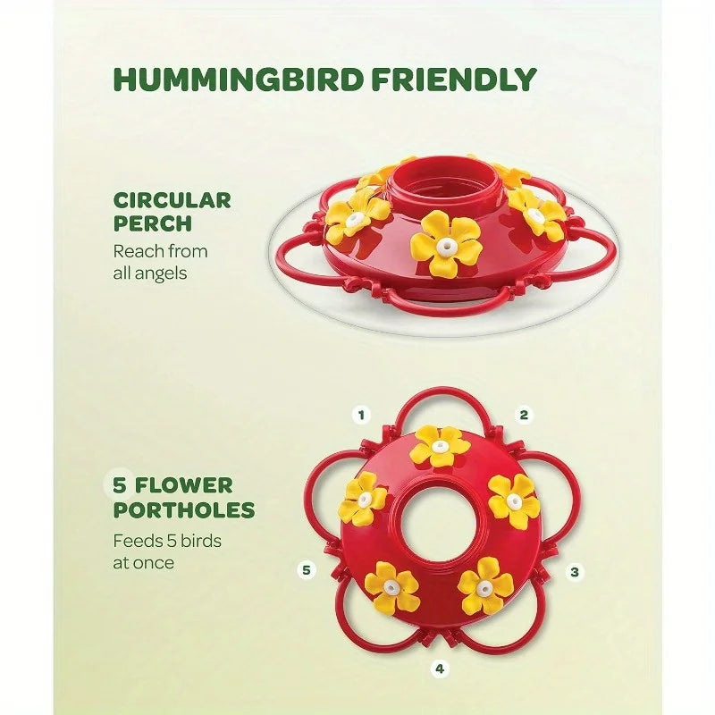 Suspended Hummingbird Feeder – 13.5oz Bird Feeder with Hook and 5 Nectar Feeding Ports