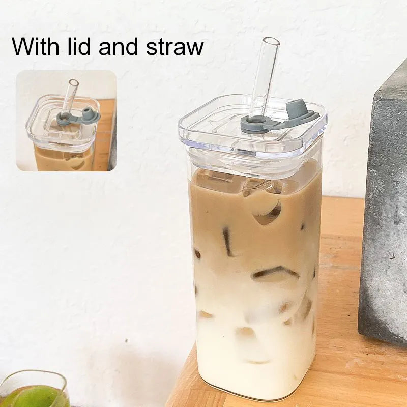 Square Heat-Resistant Glass Coffee Cup with Lid and Straw - Transparent Mug for Milk, Tea, Juice, Ideal for Home and Bar
