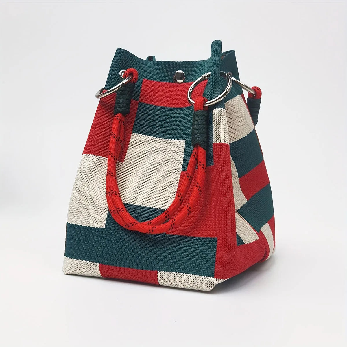 Multi-Color Knitted Retro Bucket Handbag – Color-Block, Versatile & Easy-to-Carry Purse