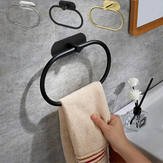 Stainless Steel Self-Adhesive Towel Holder – Black Bathroom & Kitchen Rack, Washhand Hanger Ring Bar