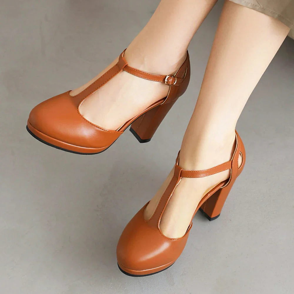 Plus Size Women’s High Heel Shoes – Round Toe Retro Platform Pumps, T-Strap Sandals for Party & Wedding, Sizes 40-43