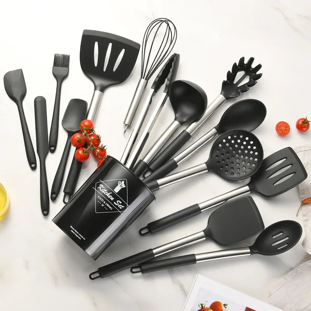 12PCS Silicone Kitchen Utensils Set - Food Grade Cookware with Turner, Spatula, Measuring Spoon, Practical Cooking Tools