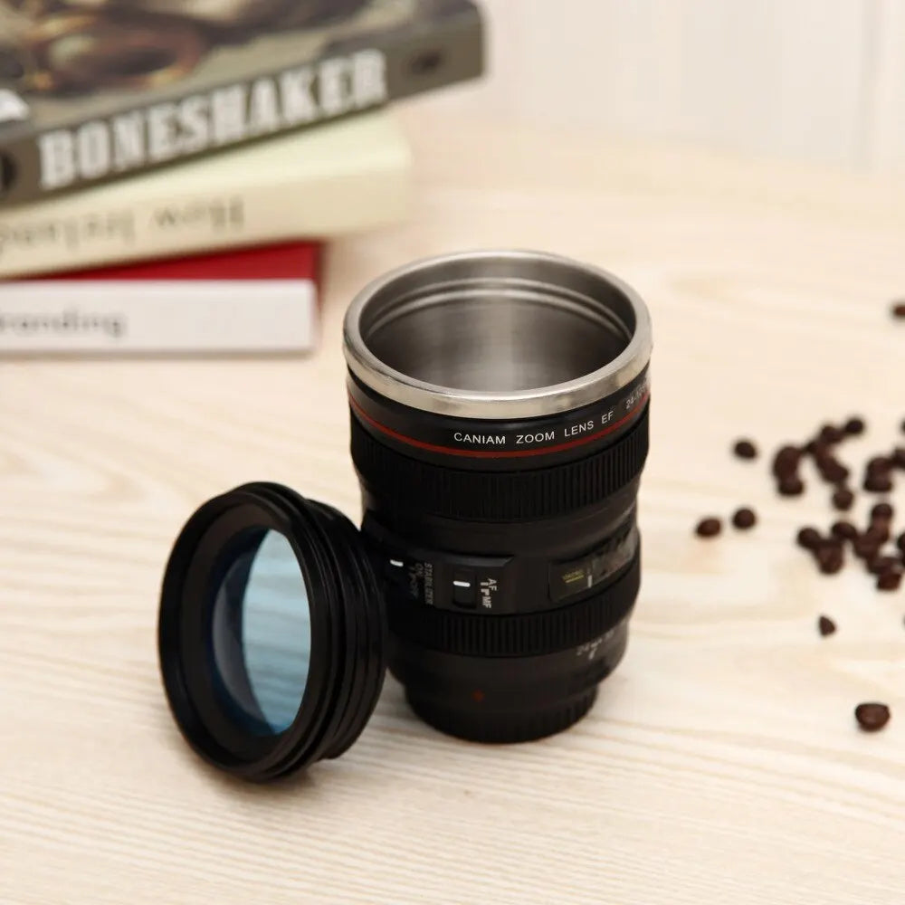 SLR Lens Cup - Camera Lens Model Plastic Casual Cup with Lid EF24-105mm Coffee Mug, White/Black - Creative Gift