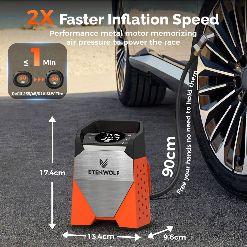 ETENWOLF ZEPHYR S3 Tire Inflator - 160 PSI Portable Air Compressor with 7800mAh Battery