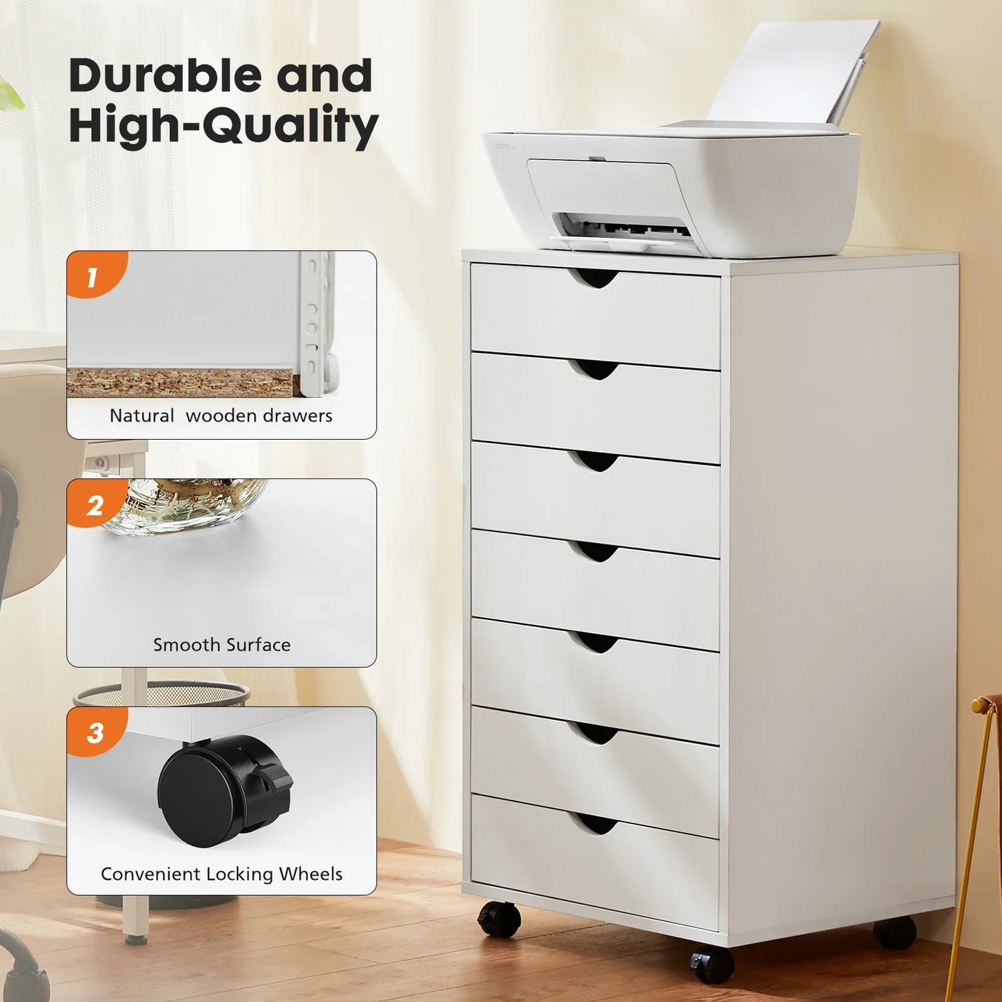7-Drawer Wooden Chest Dresser – Mobile Nightstand Storage Cabinet with Wheels for Office & Living Room Organizer