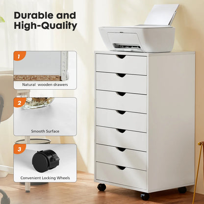 7-Drawer Wooden Chest Dresser – Mobile Nightstand Storage Cabinet with Wheels for Office & Living Room Organizer