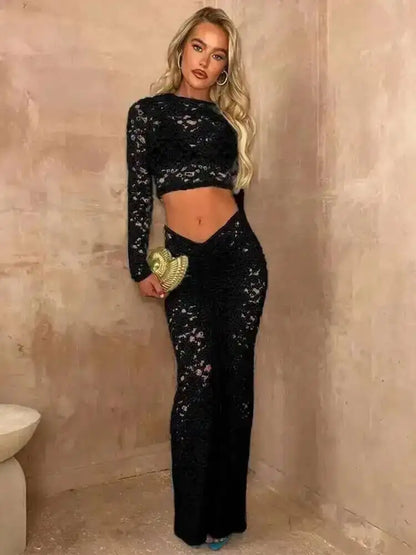Avrilyaan Women’s 2-Piece Lace Set – Strapless Crop Top & Midi Skirt, Sexy Party Outfit Summer 2024 Fashion Elegant Clubwear Set