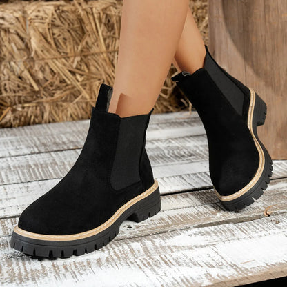Women’s Winter 2025 Black Suede Ankle Boots – Platform Chelsea Casual Motorcycle Short Boots
