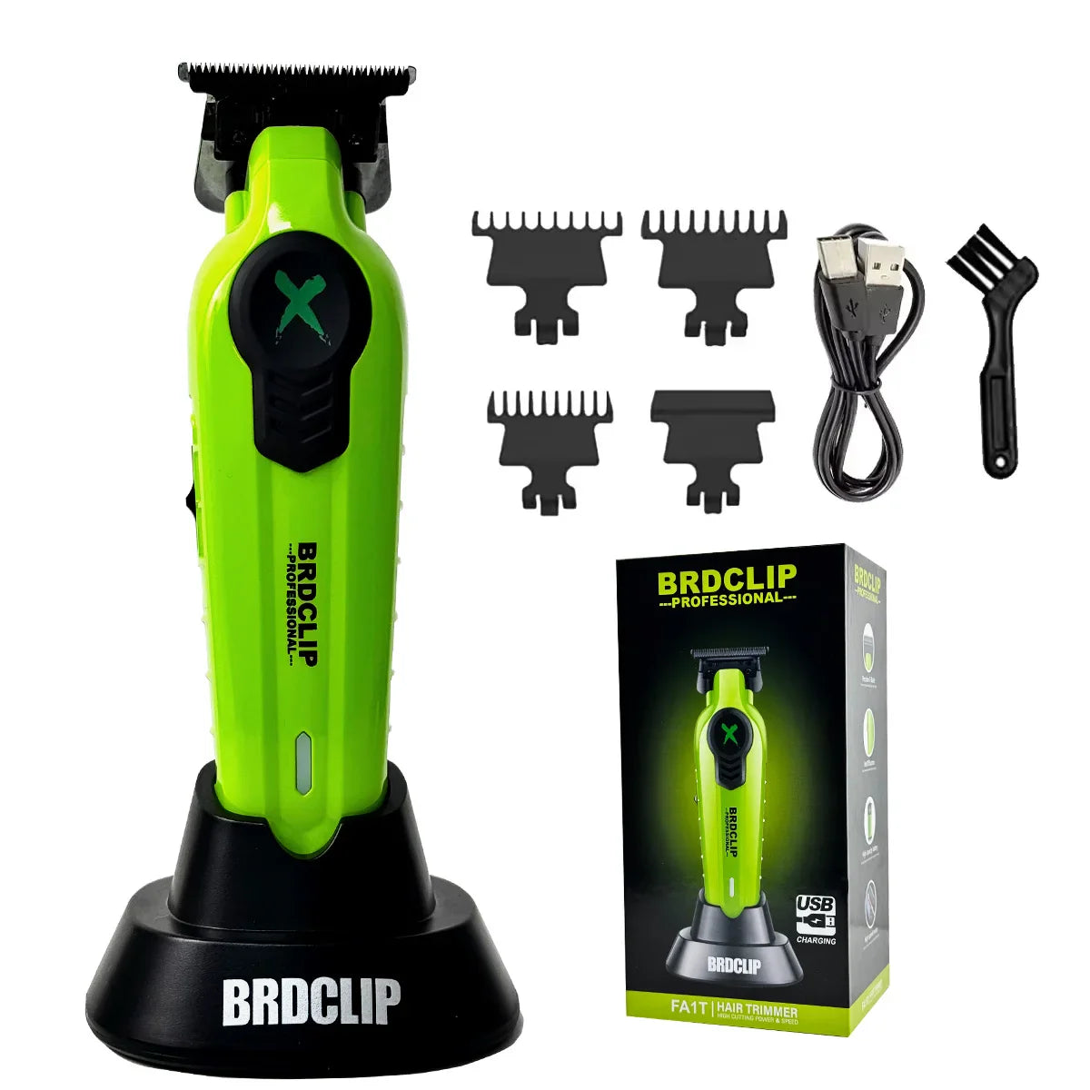 2025 BRDCLIP FA1T Green Professional Hair Trimmer — Barber Carving Electric Clipper with Gradient Finish & Charger Stand