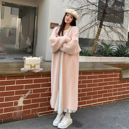 023 Autumn/Winter Lazy Style Loose Knee-Length Knitted Sweater Cardigan Coat – Thickened Pure Imitation Mink Fleece for Women